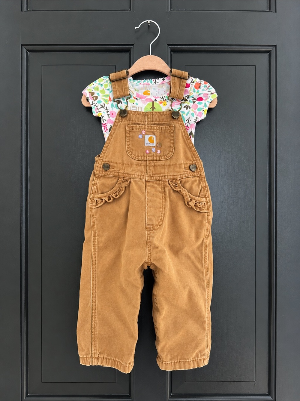 Carhartt Baby Girl Overalls & Floral Bodysuit Outfit Set 6-9M Brown/Tan